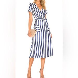 L’Academie Tuscy Linen Blend Blue White Striped V-Neck Midi Wrap Sundress Size L